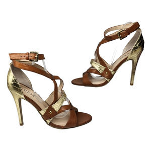 Guess Shoes Womens 9 Brown Gold Strappy Ankle Strap Stiletto Heels High Clubwear